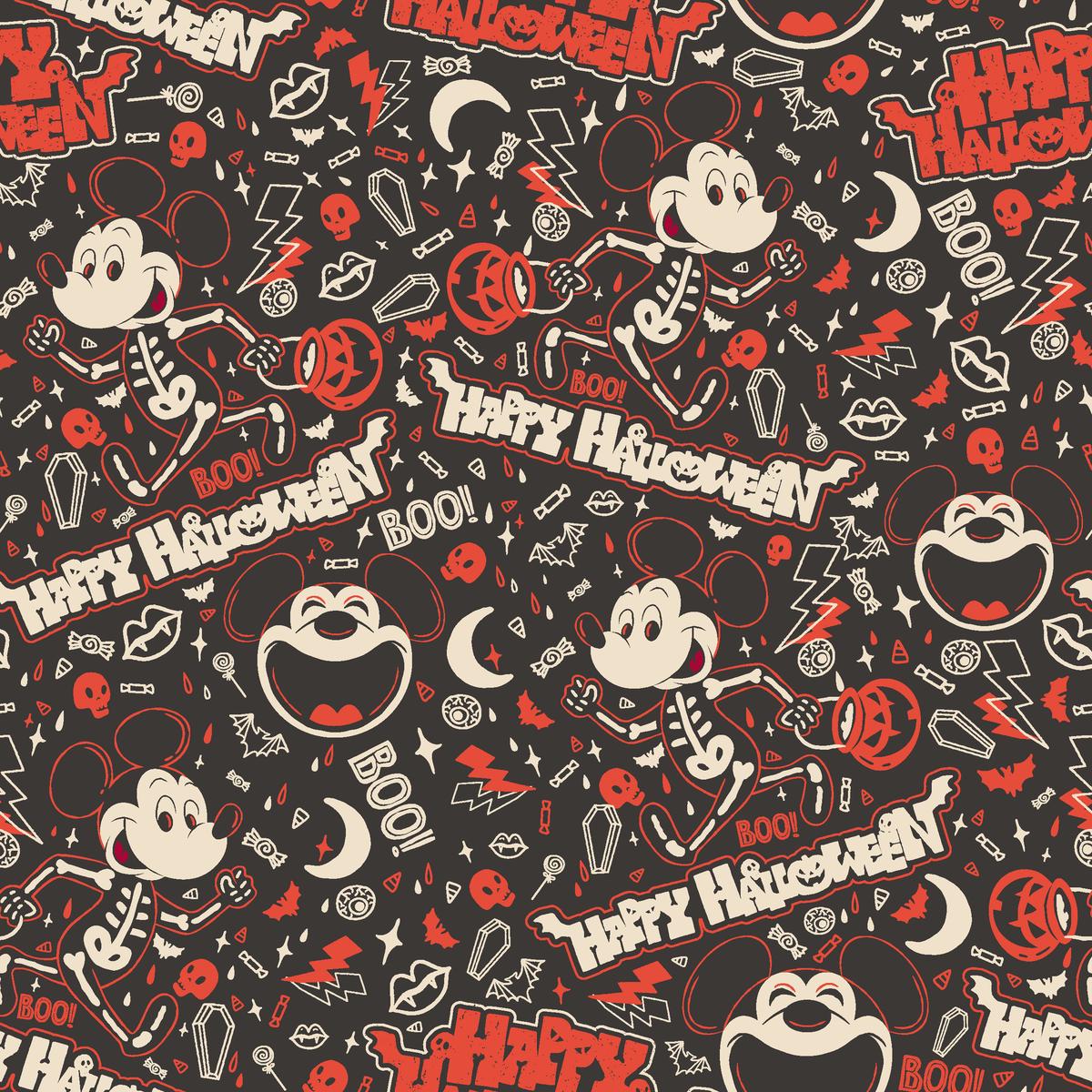 Disney Mickey Mouse Halloween Vintage Skeleton Fabric