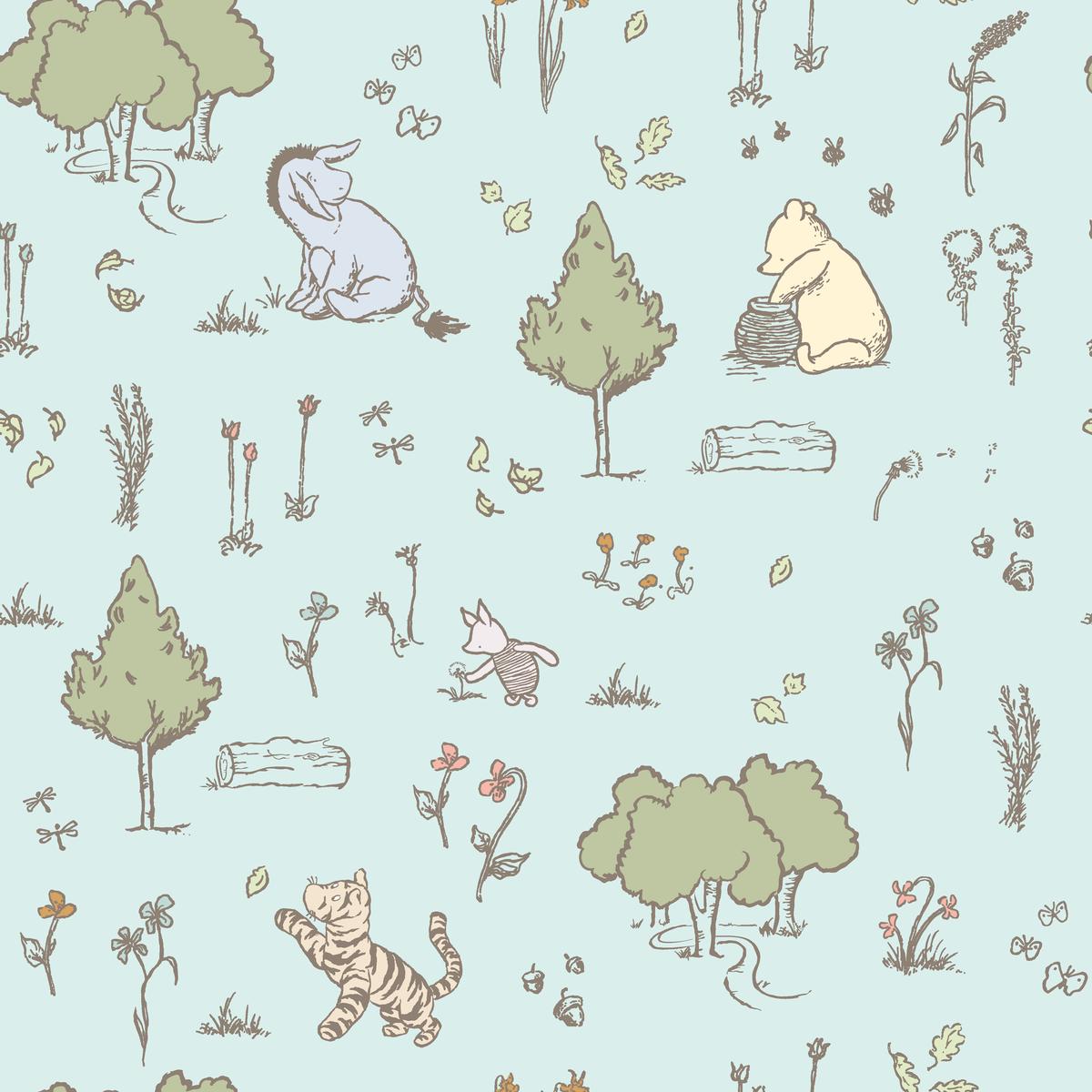 Disney Winnie the Pooh Forest on Blue Fabric