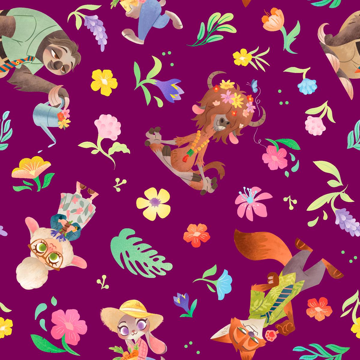 Disney Zootopia Flower Character Toss on Purple Fabric