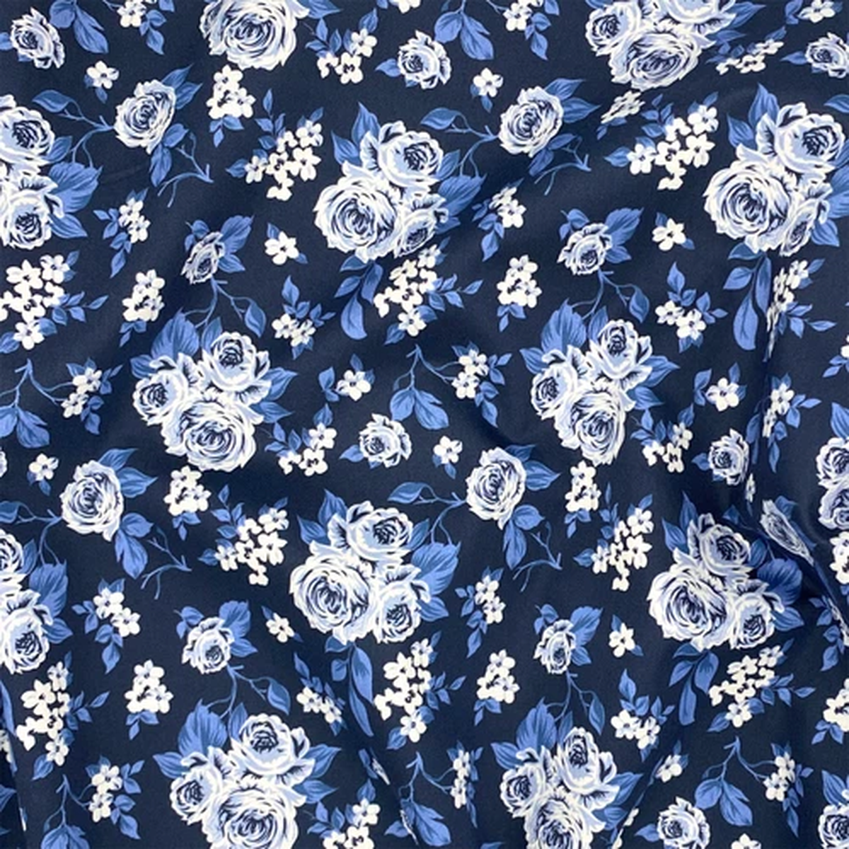 Navy Blue Rose Cotton Fabric: Vintage-Style Floral Print, 58 Inch Wide