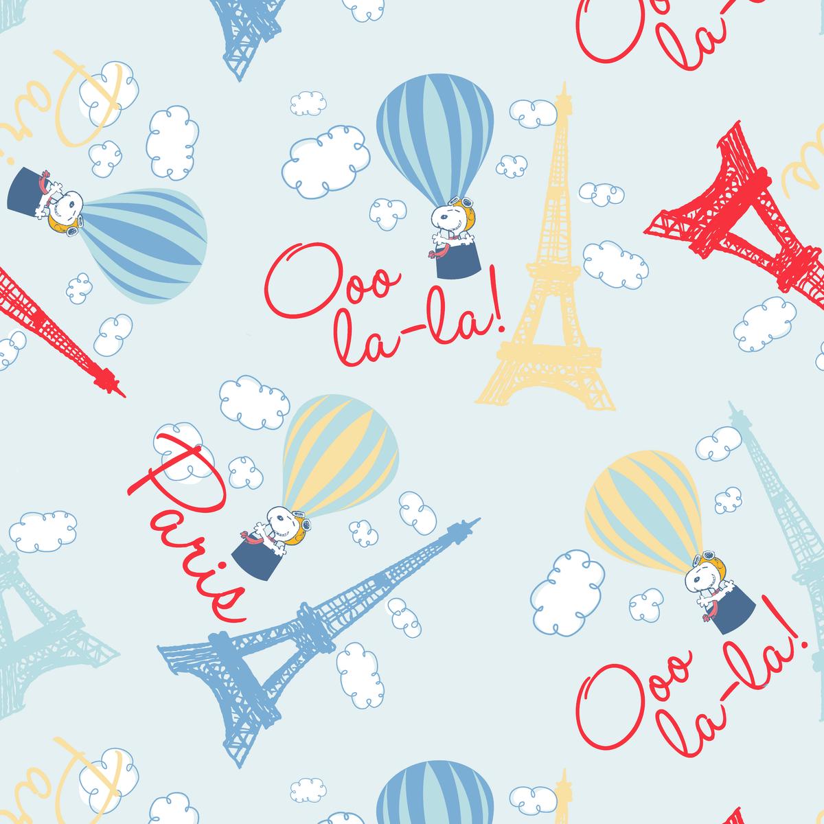 Peanuts Snoopy Paris Hot Air Balloon on Blue Fabric