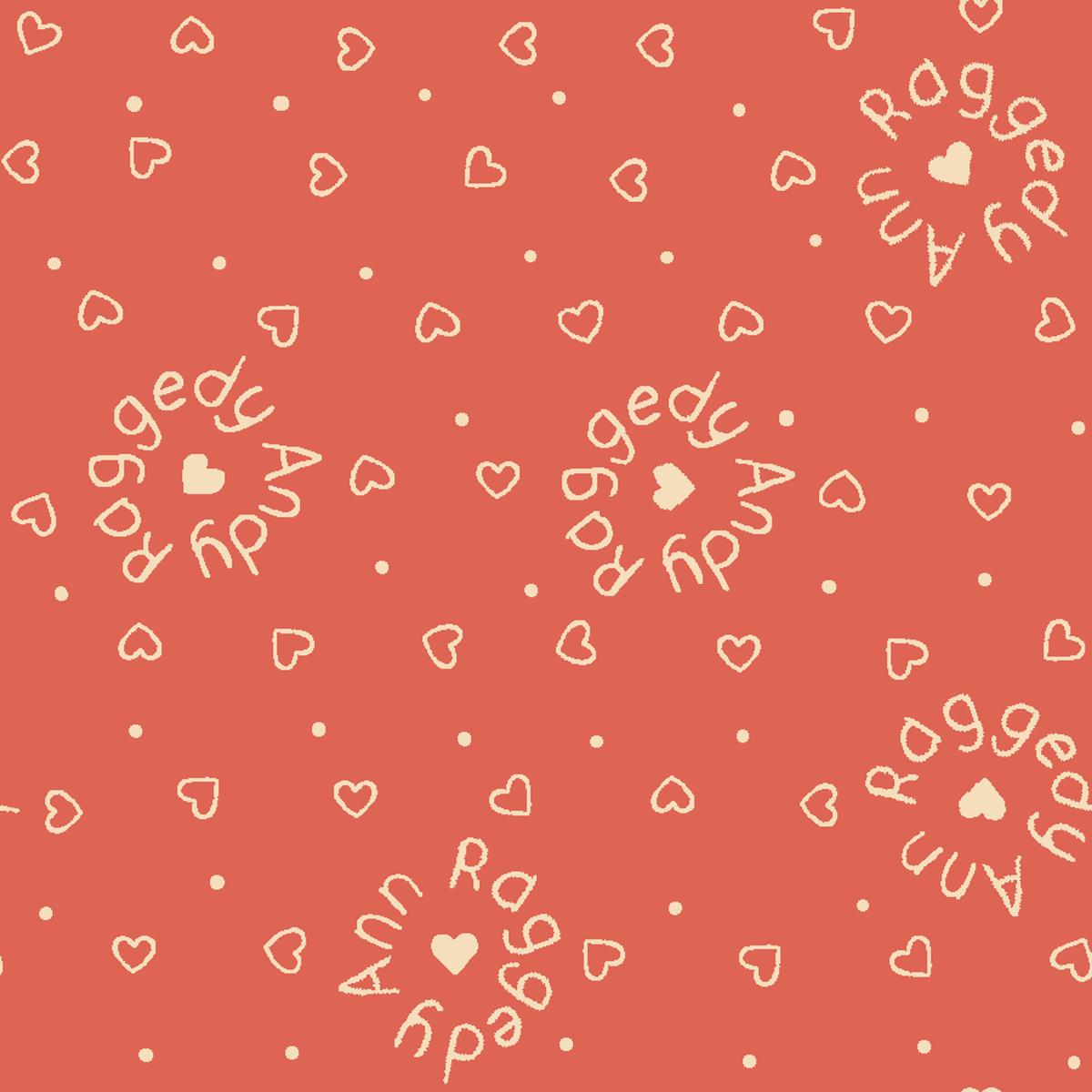 Raggedy Ann and Andy Text and Hearts Red Fabric