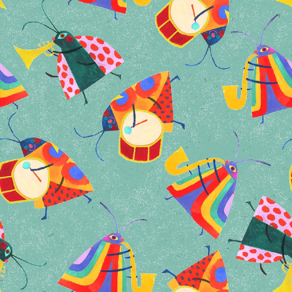 Shannon Snow Musical Bugs on Blue Fabric