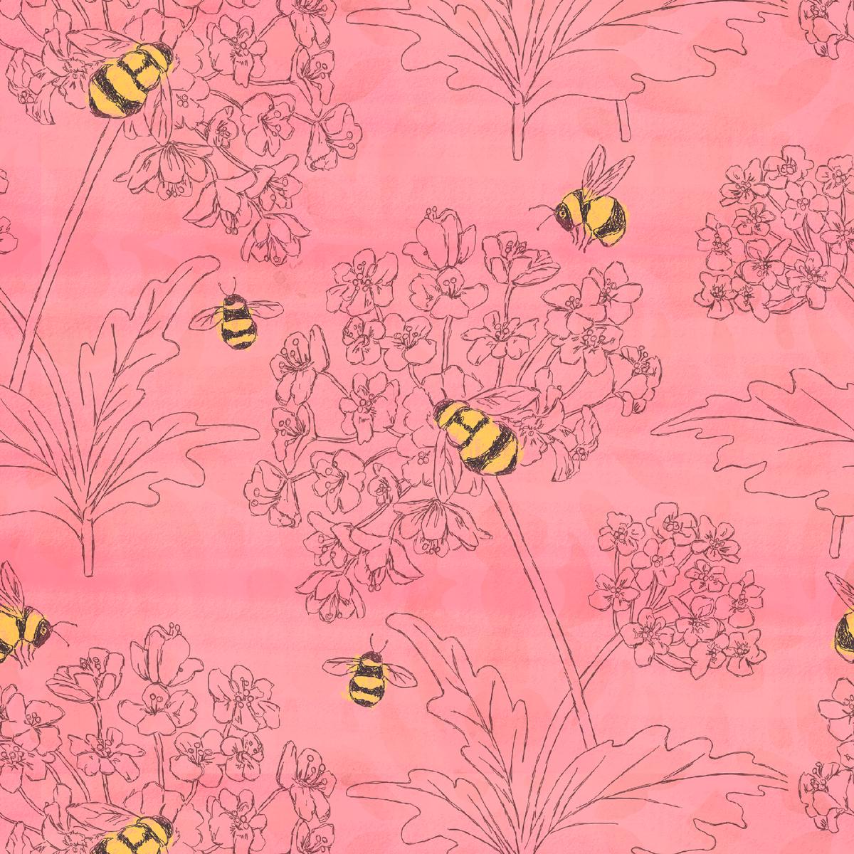 Susan Winget Bee Floral Sketch on Pink Fabric