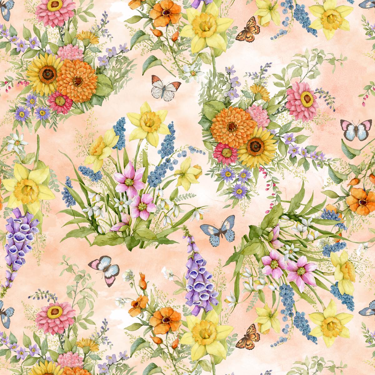 Susan Winget - Butterfly Garden - Peach Floral Bouquet Fabric