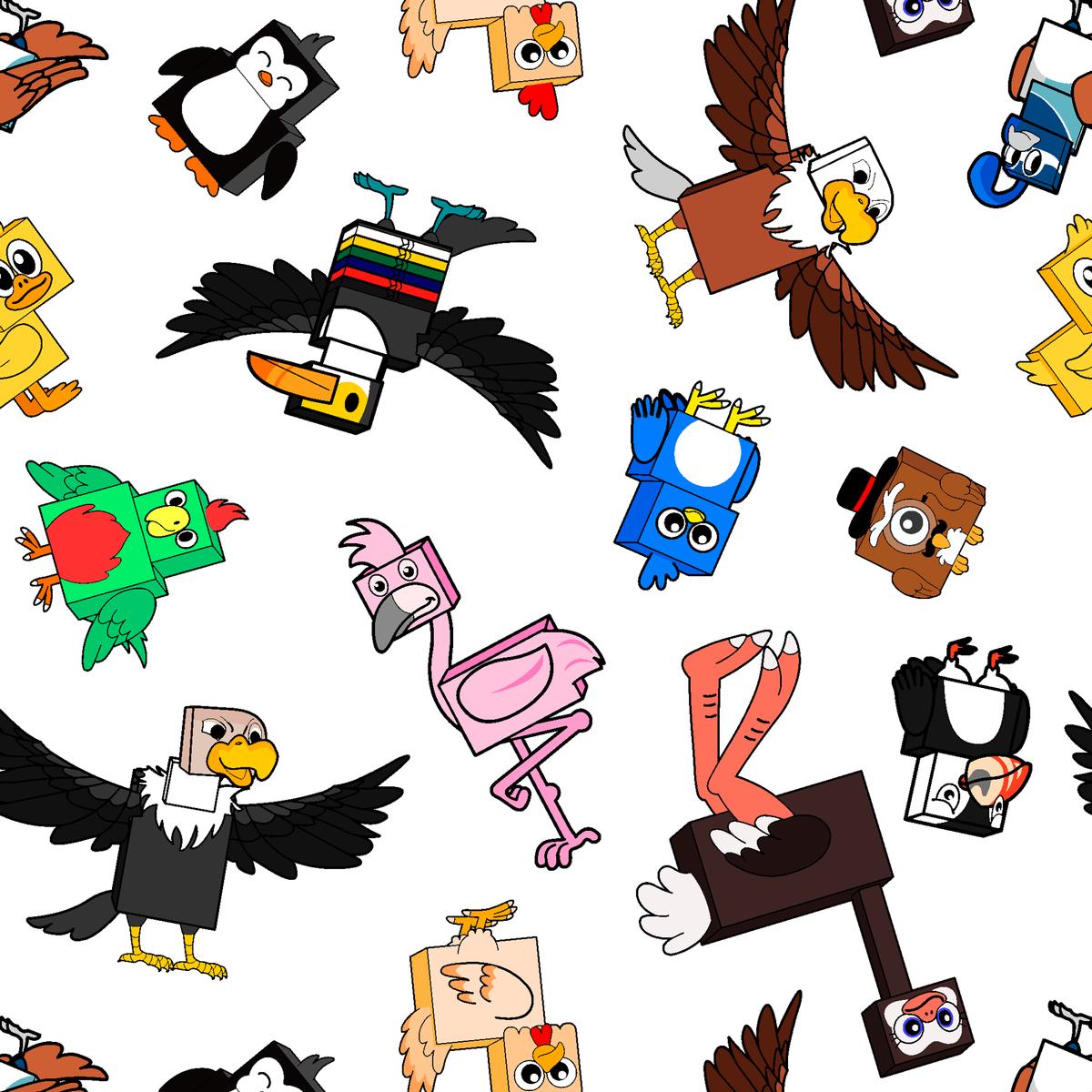 English Tree Cartoon Birds on White Fabric