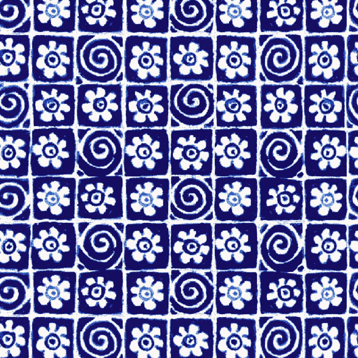 Floral Swirl Tiles on Indigo Fabric