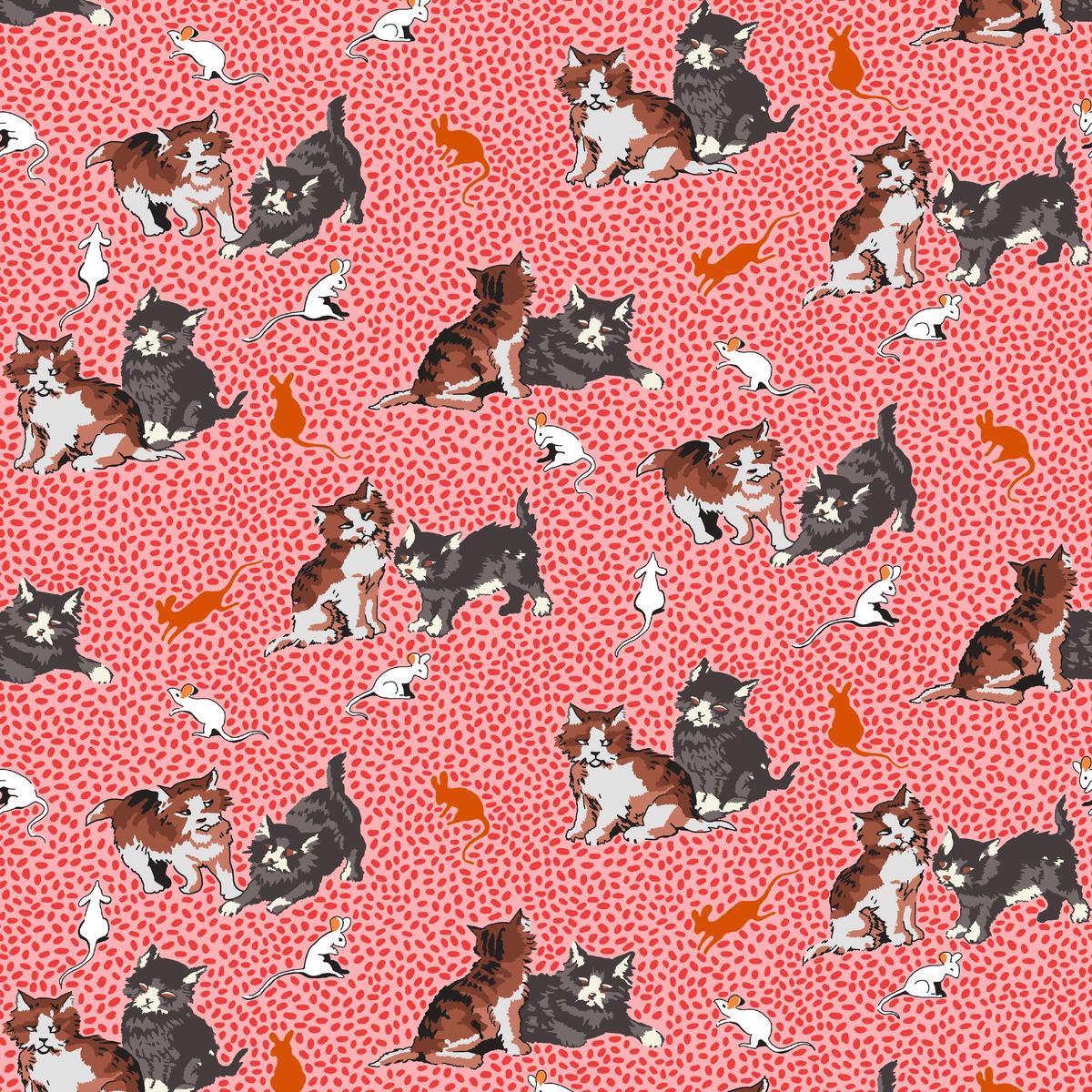 Playful Cats on Pink Fabric