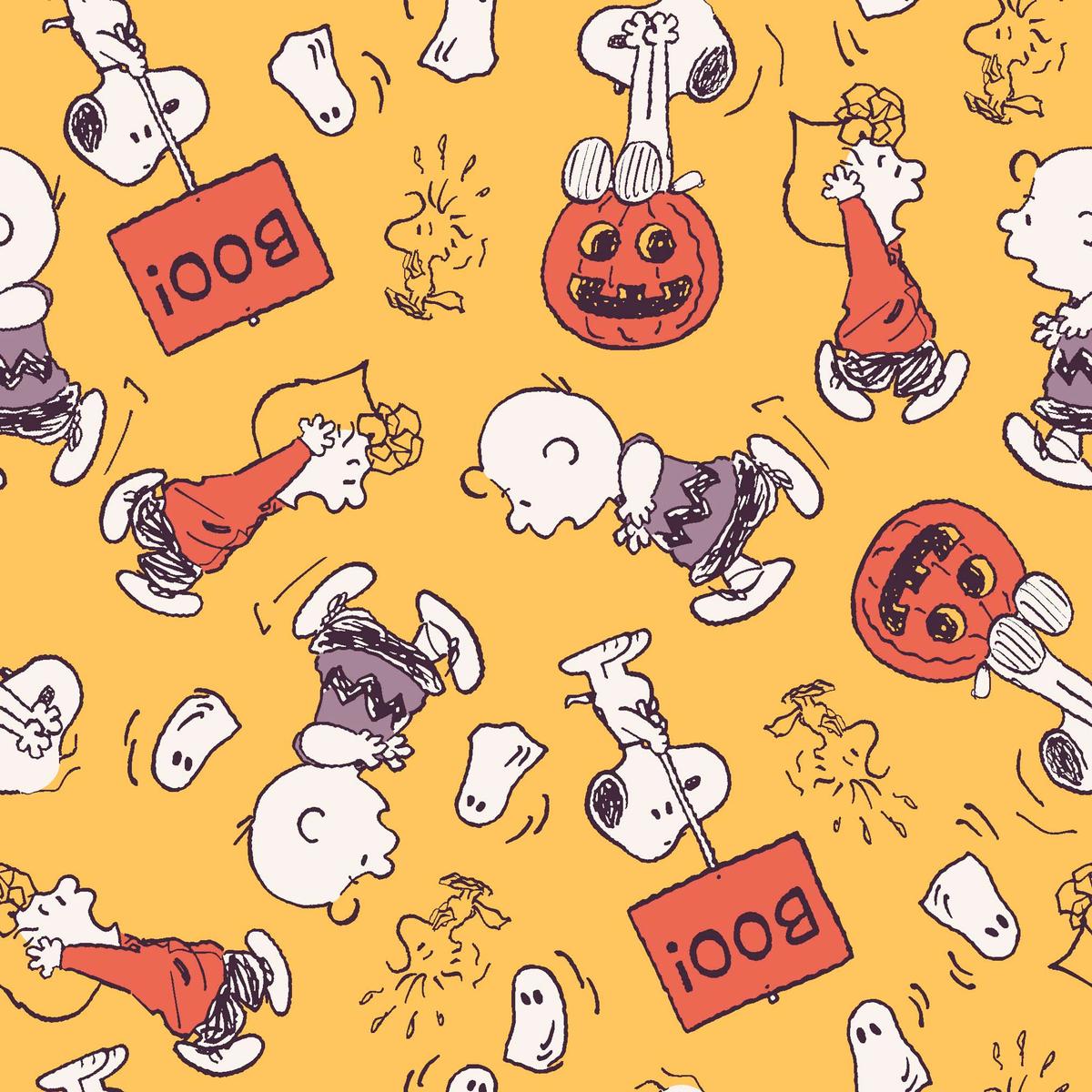 Peanuts Halloween Ghost Scares on Yellow Fabric