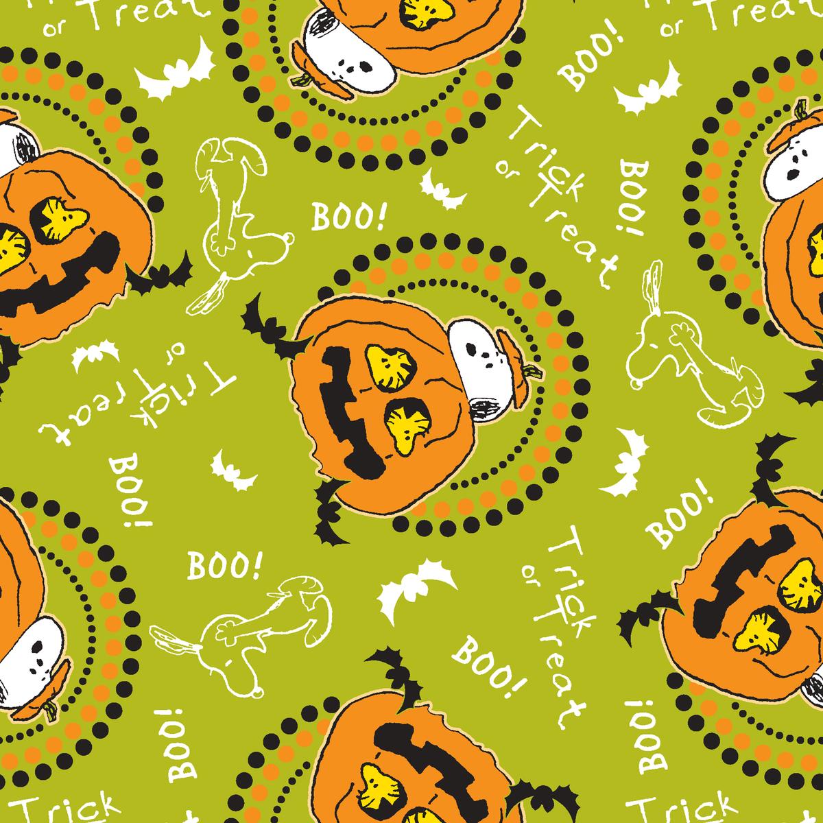 Peanuts Snoopy and Woodstock Halloween Pumpkin on Green Fabric
