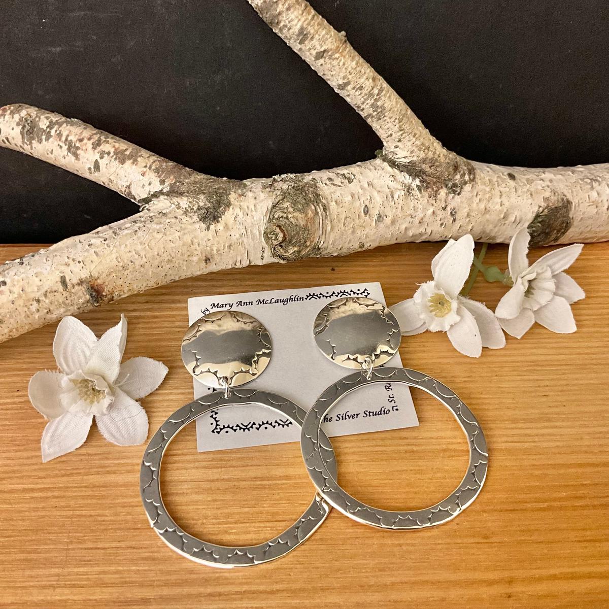 Large Flat Embossed Hoops with Disc Posts
