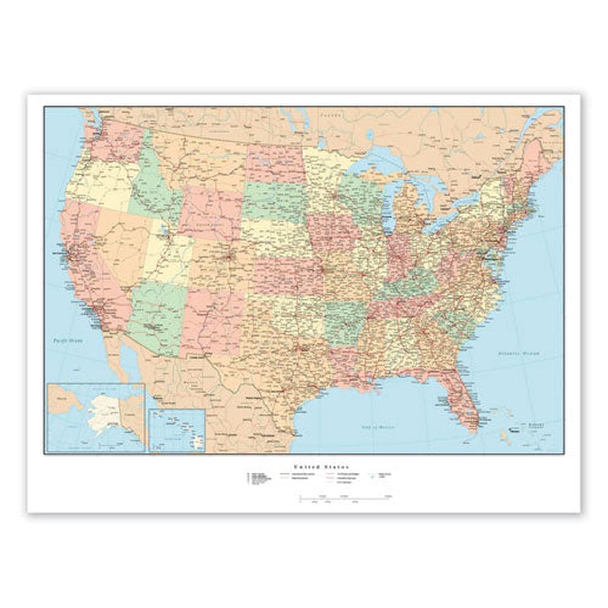 Laminated Wall Maps, U.s., Dry Erase, 32 X 50