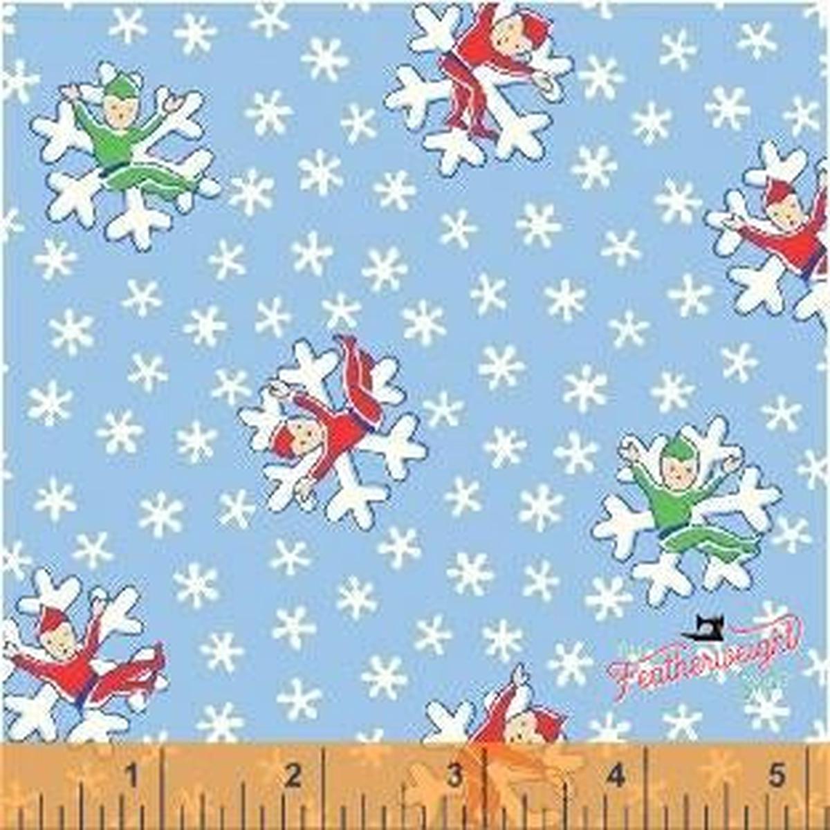 Fabric, Candy Cane Lane by Windham - ELVES ON SNOWFLAKES BLUE (by the yard)