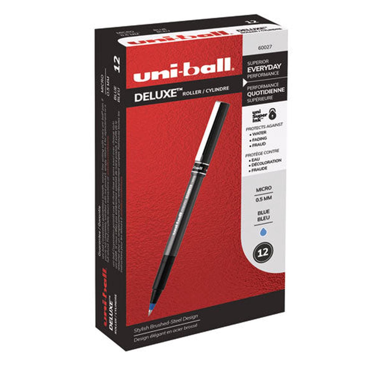 Deluxe Stick Roller Ball Pen, Micro 0.5mm, Blue Ink, Metallic Gray Barrel, Dozen