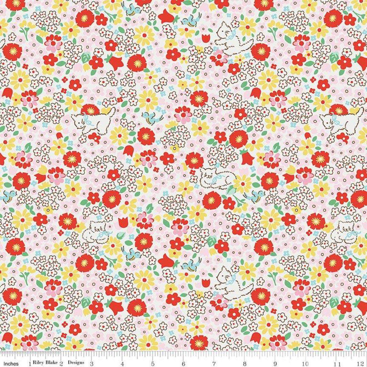 Fabric, Bluebirds on Roses by Elea Lutz for Penny Rose Fabrics - RED BLUEBIRDS KITTY (by the yard)