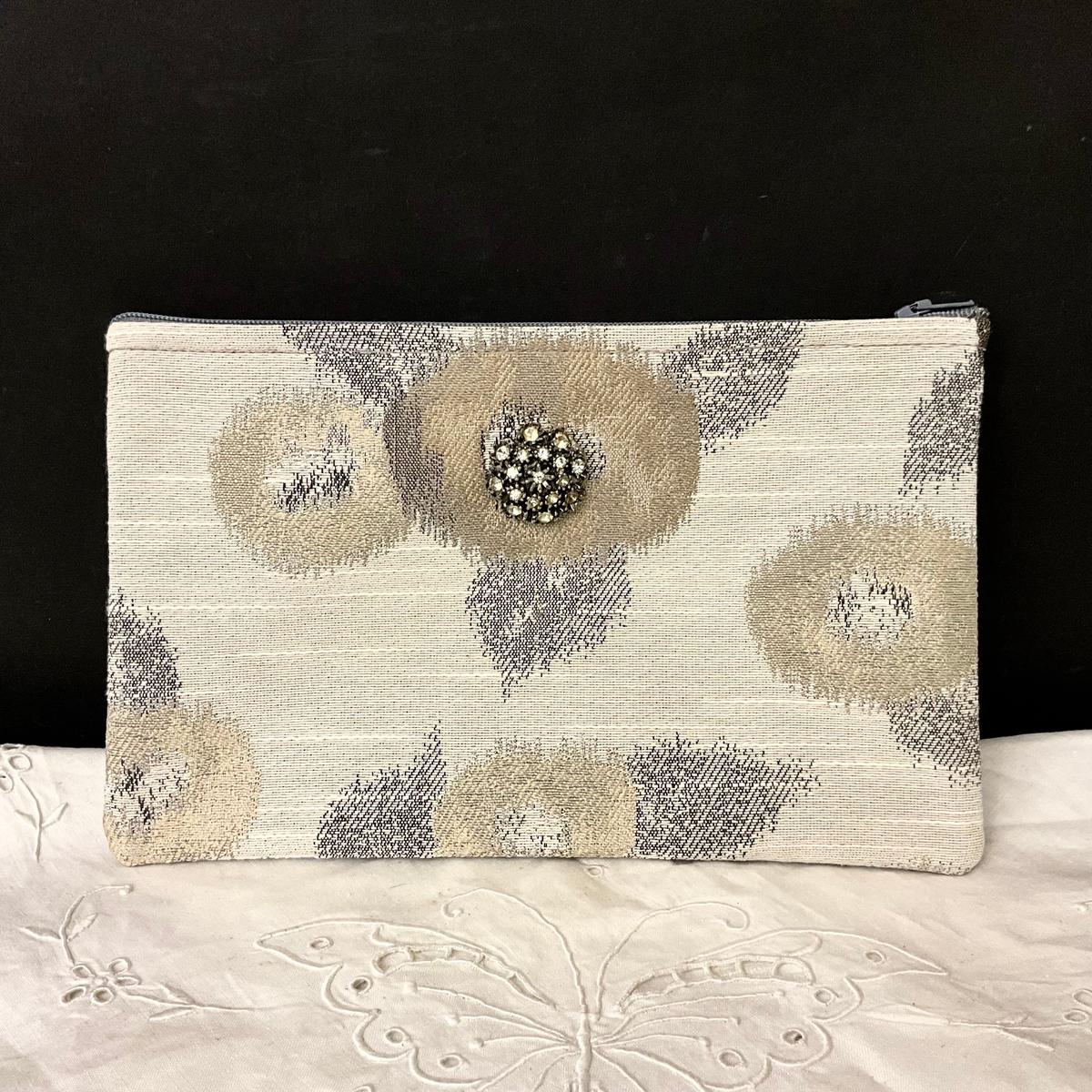 ZIpper Top Clutch Bag White, Gray & Muted Gold Tapestry