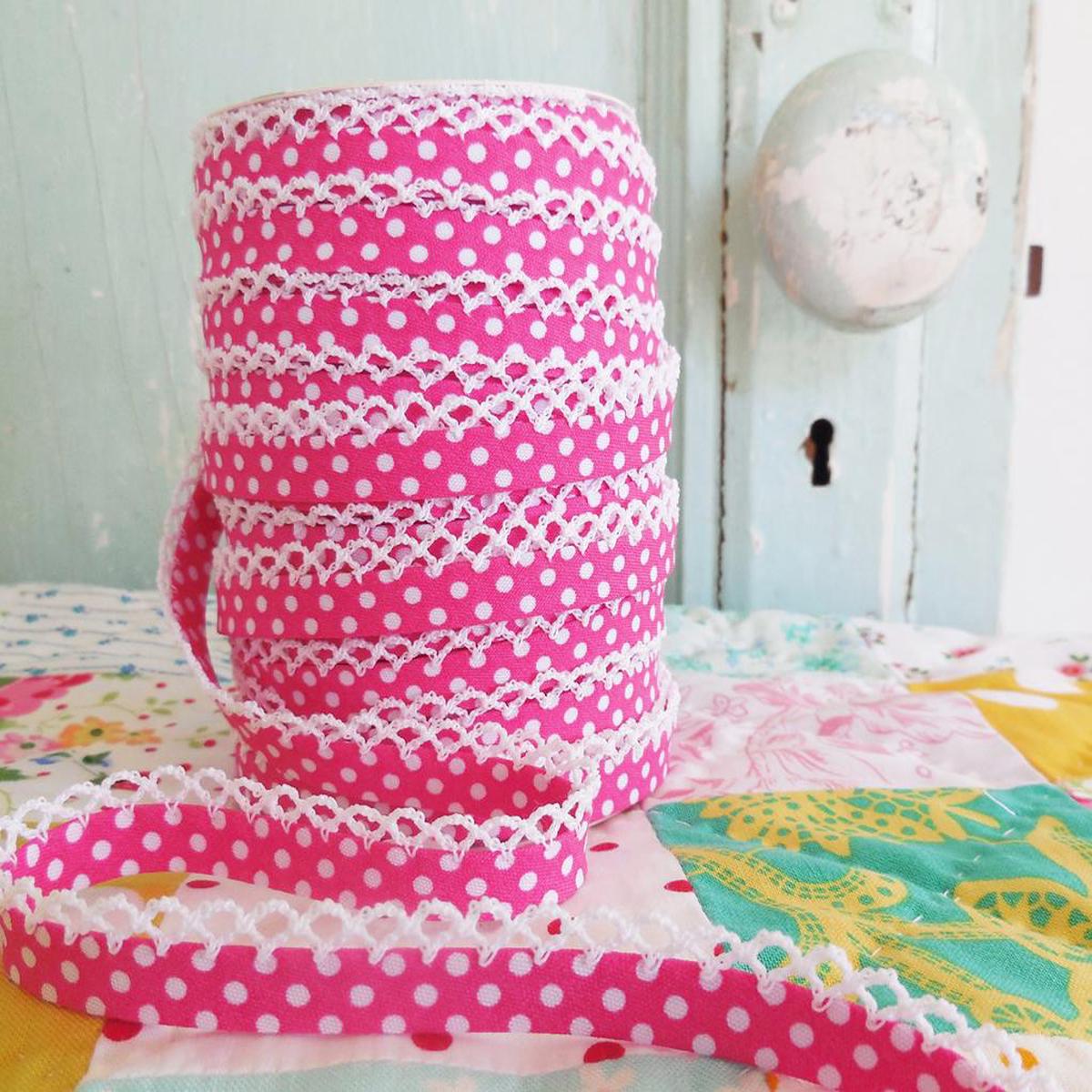 Double Fold Crochet Edge LACE BIAS TAPE - FUCHSIA POLKA DOT (BY THE YARD)
