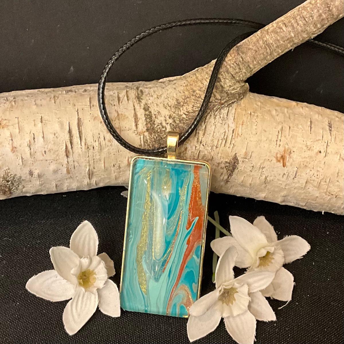 Teal, Gold and Terracotta Rectangle Necklace