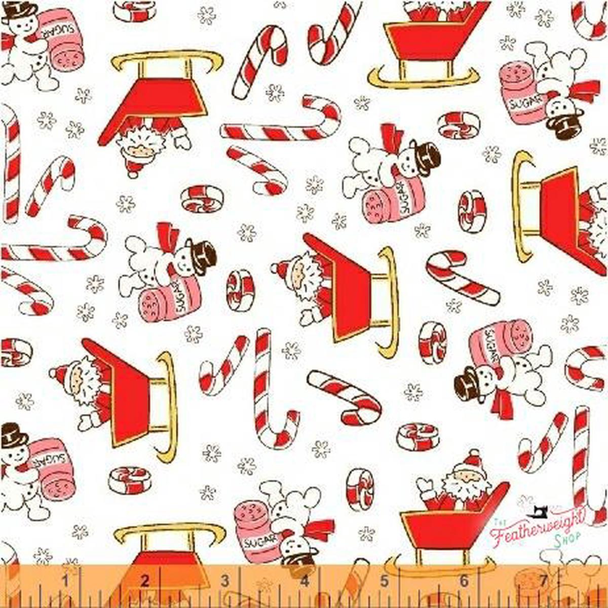 Fabric, Candy Cane Lane by Windham - CANDY CANE SNOWMAN SANTA SLEIGH WHITE (by the yard)