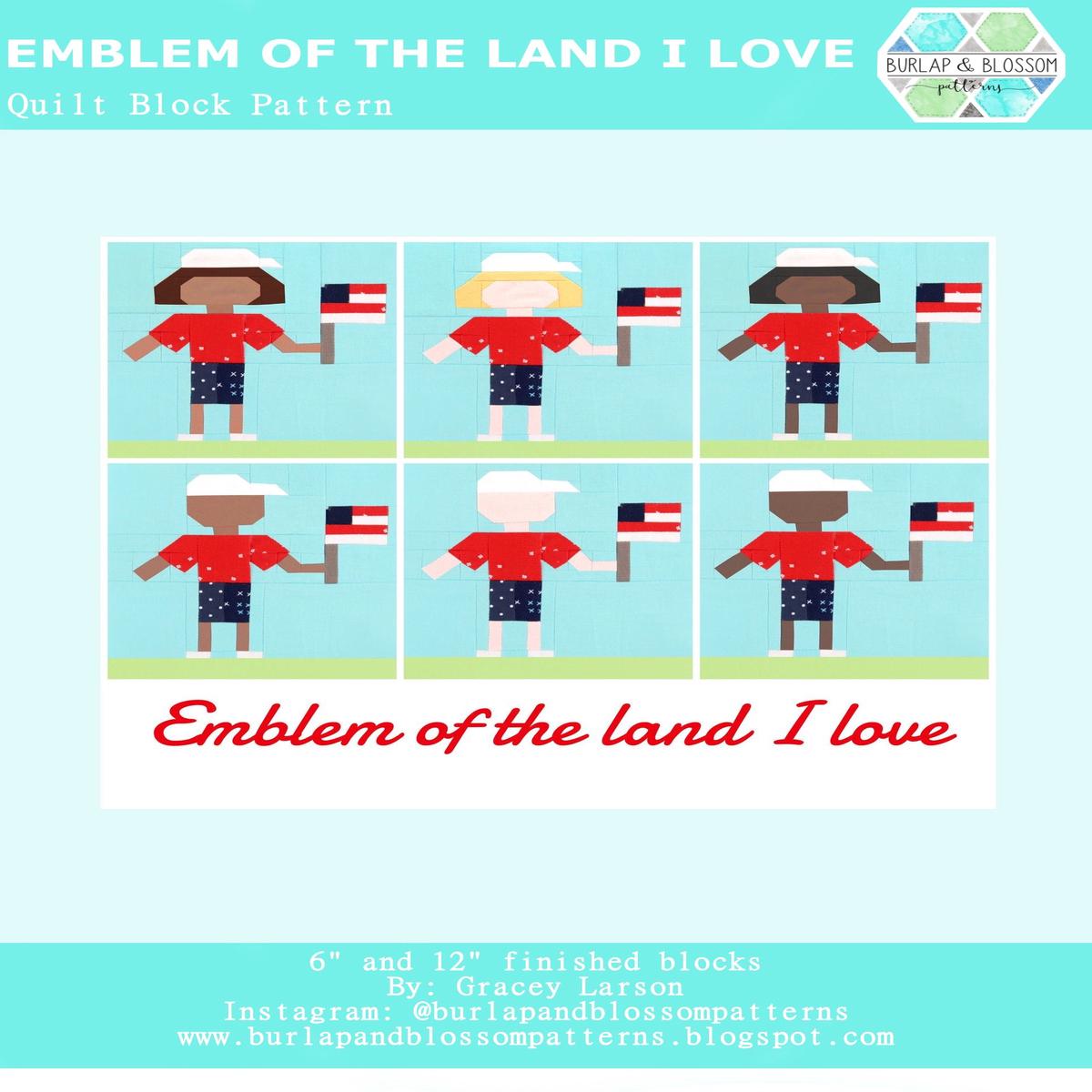 Pattern, Emblem of the Land That I Love Quilt Block by Burlap and Blossom (digital download)