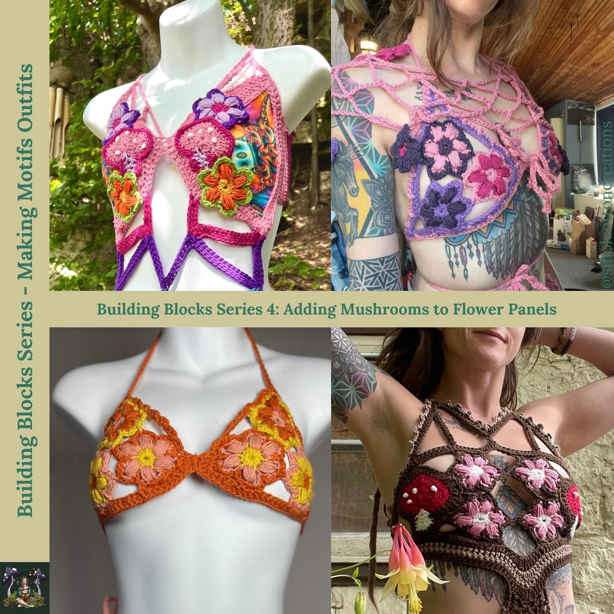 Building Blocks Series 4 - Adding Mushroom with Outline Pattern to a Flower Panel - DIY Crochet Festival Outfit Tutorial