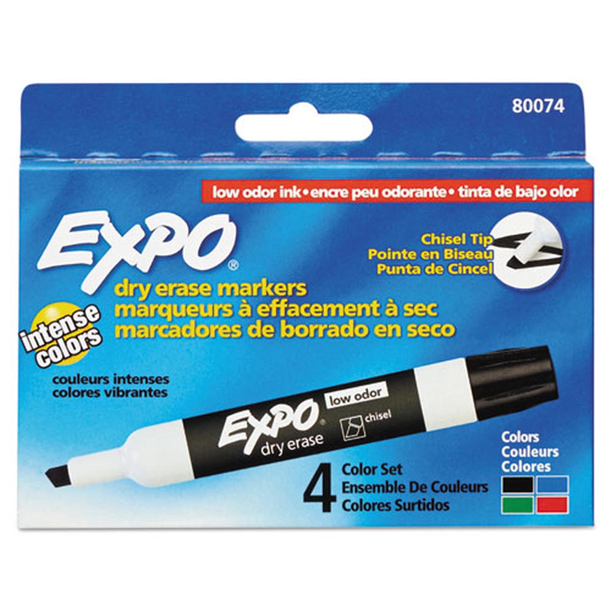Low-odor Dry-erase Marker, Broad Chisel Tip, Assorted Colors, 4-set