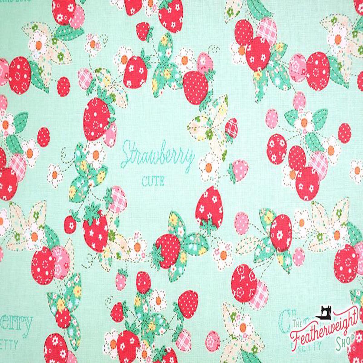 Fabric, Strawberry FRUIT WREATH, MINT GREEN - 30's Collection Feedsack Style Print (by the yard)