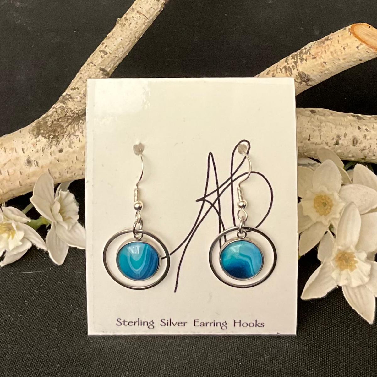 Silver Hoop Earrings with Small Center in Dark Blues