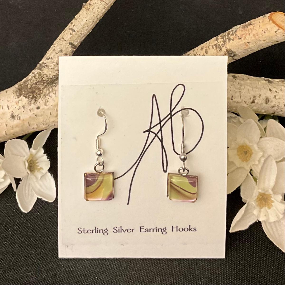 Small Square Silver Earrings in Cream, Brown with Pink Cast