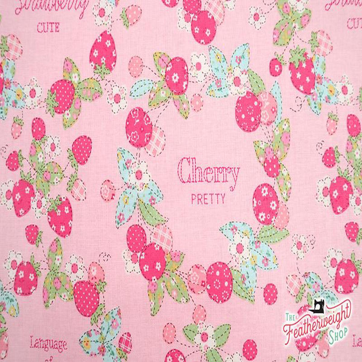 Fabric, Strawberry FRUIT WREATH, PINK - 30's Collection Feedsack Style Print (by the yard)