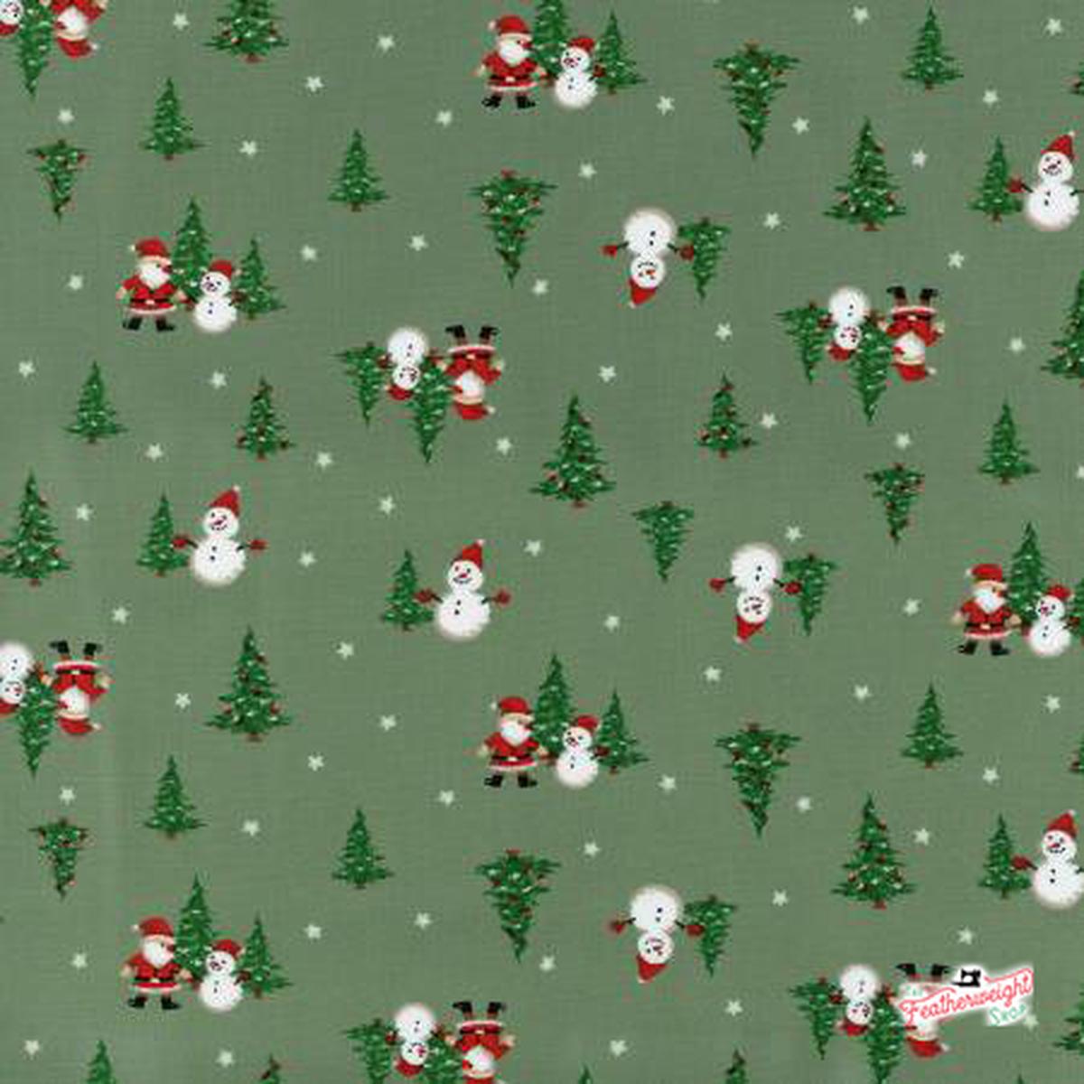 Fabric, Under the Christmas Tree by Lecien - SANTA SNOWMAN TREE GREEN (by the yard)