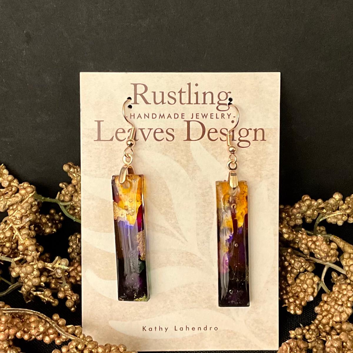 Thin Rectangle Resin Earrings in Deep Purples and Amber