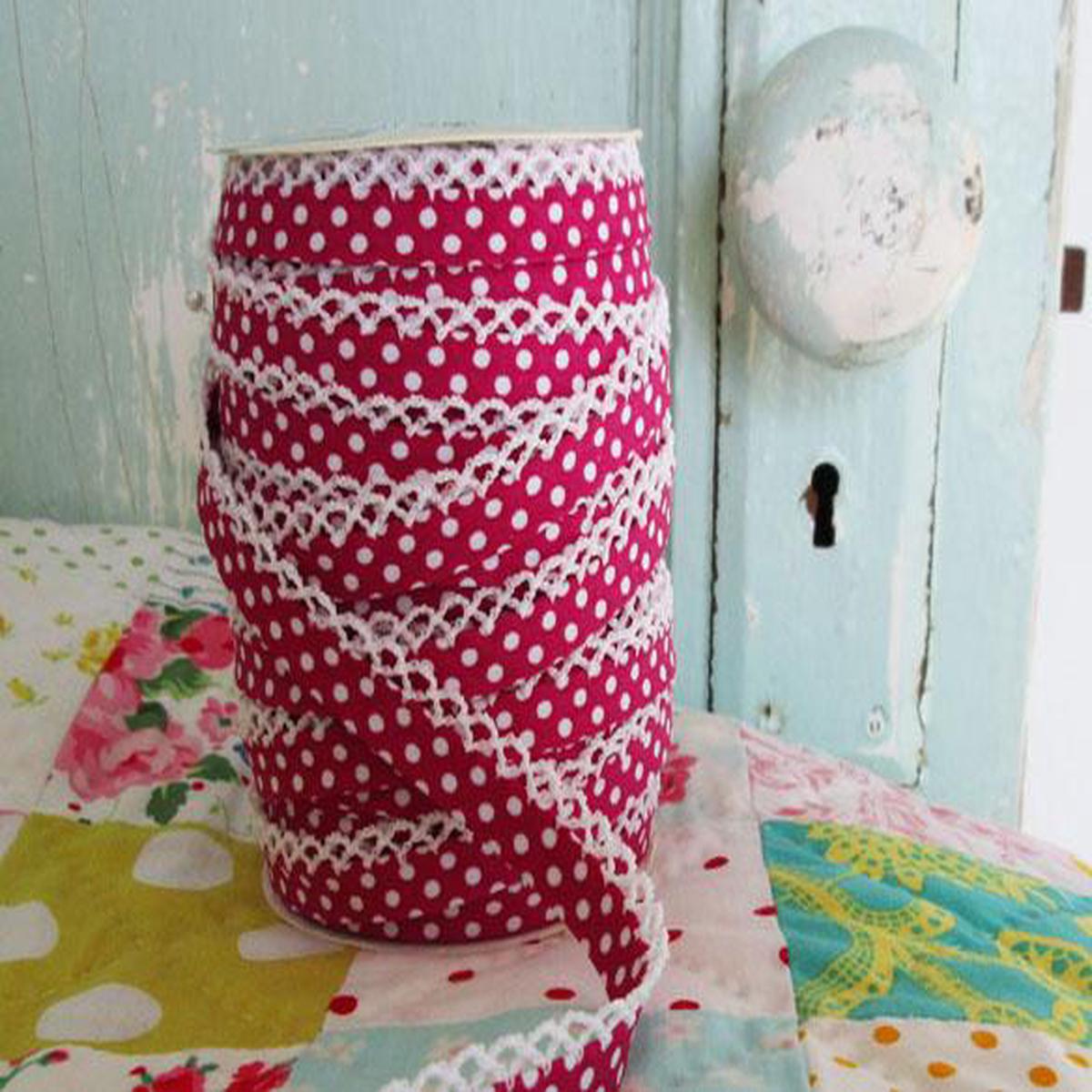 Double Fold Crochet Edge LACE BIAS TAPE - RASPBERRY POLKA DOT (BY THE YARD)