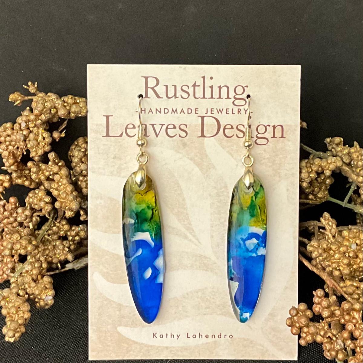Elongated Resin Oval Earrings in Blues & Green