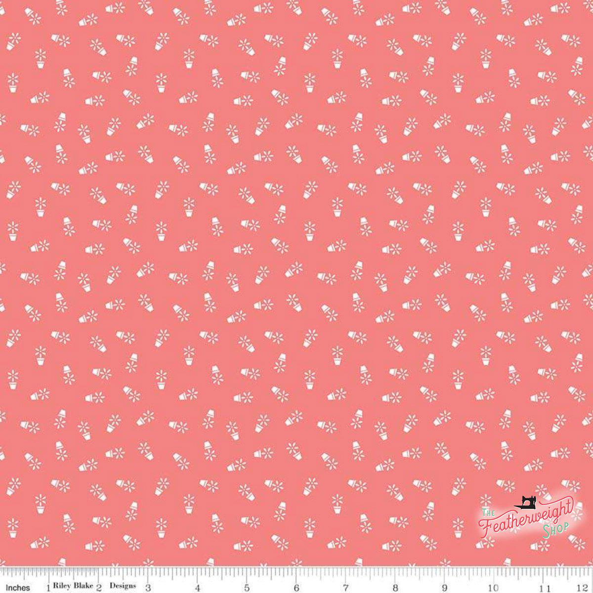 Fabric, Farm Girl Vintage Companion Prints by Lori Holt - FLOWER POTS CORAL (by the yard)