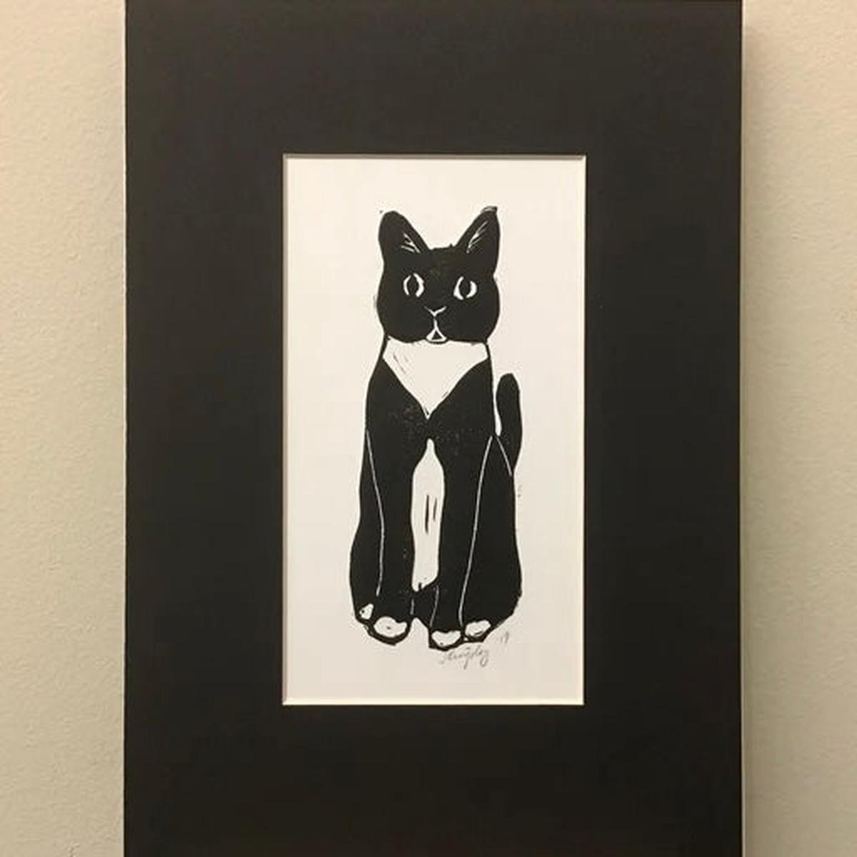 Dainty Cat Rubber Block Print with Black Mat