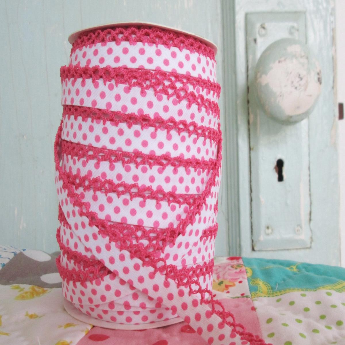 Double Fold Crochet Edge LACE BIAS TAPE - FUCHSIA DOTS ON WHITE (BY THE YARD)