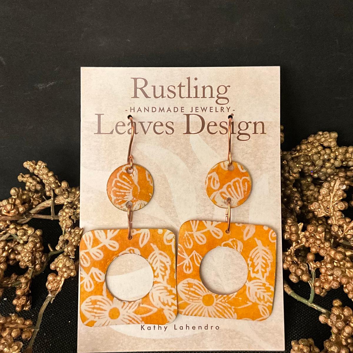 Floral orange and white Square Earrings