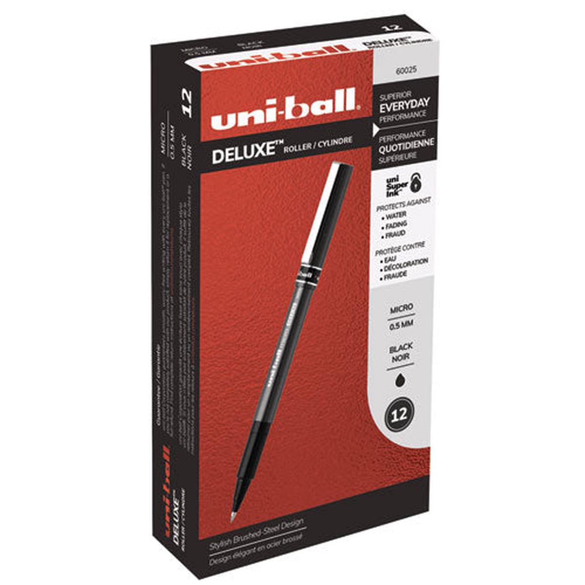 Deluxe Stick Roller Ball Pen, Micro 0.5mm, Black Ink, Metallic Gray Barrel, Dozen