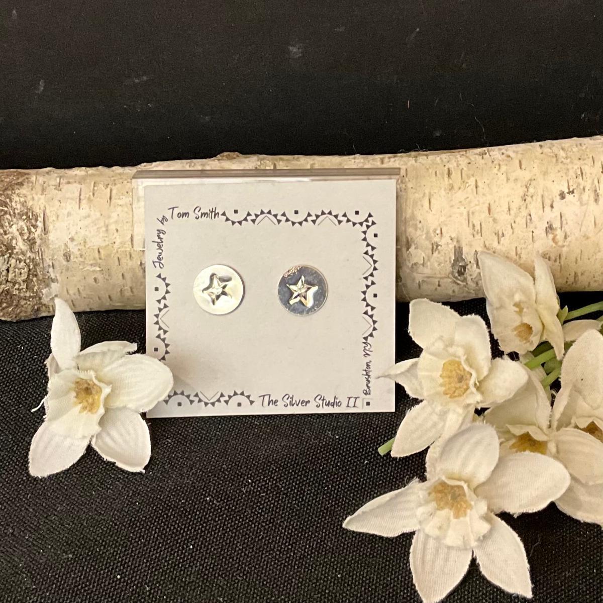 3/8 Stamped Disc Silver Post Earrings Star Design