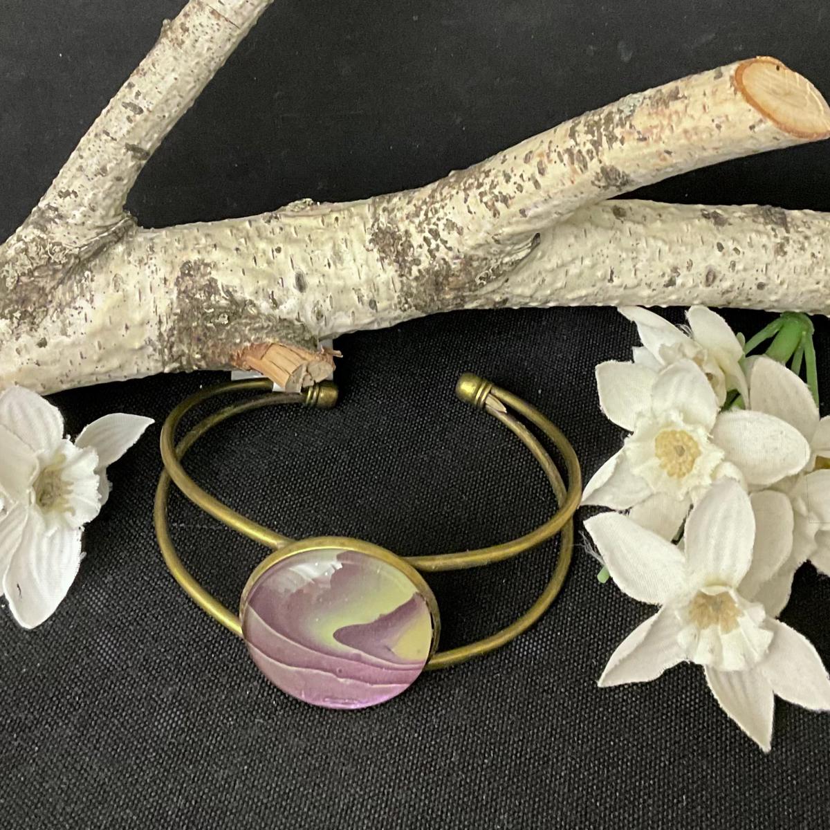 Copper Bracelet with Large Disc in Purples