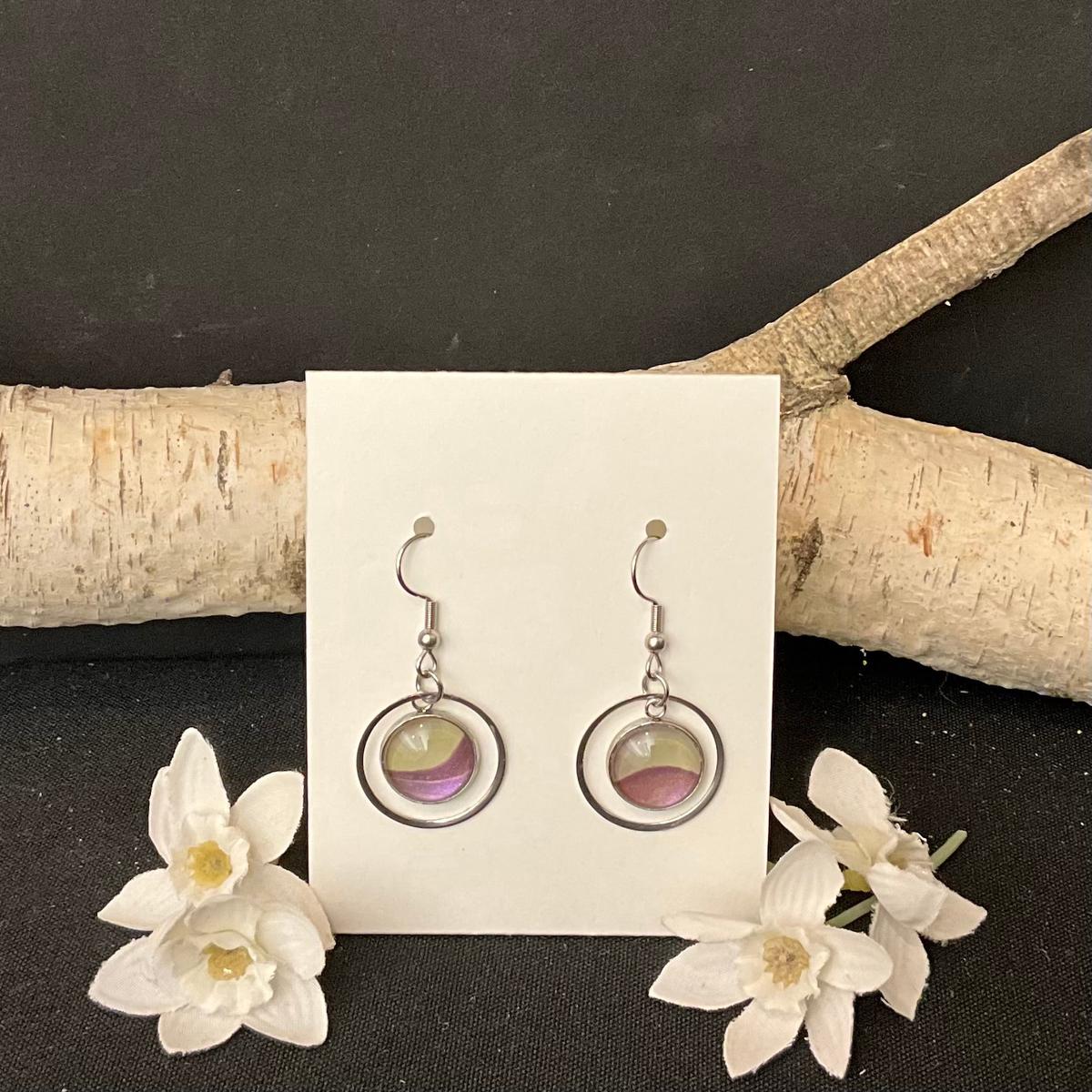 Silver Hoop Earrings with Small Purple Center