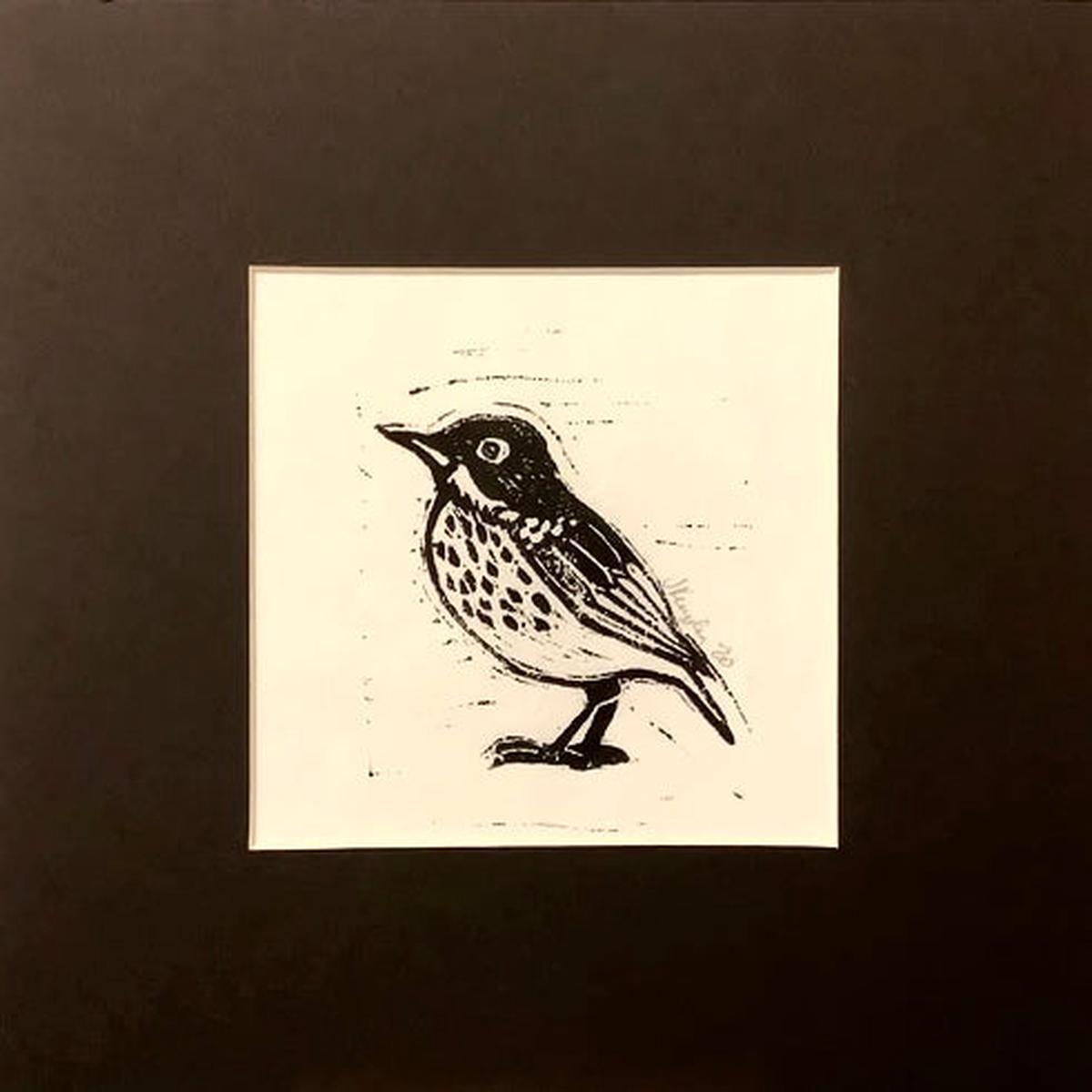Hermit Thrush Rubber Block Print Matted