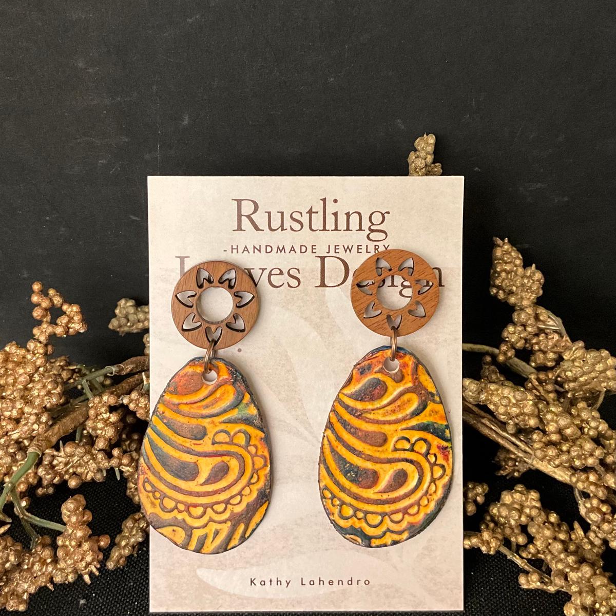 Ocher & Brown Paisley Embossed Teardrops Earrings
