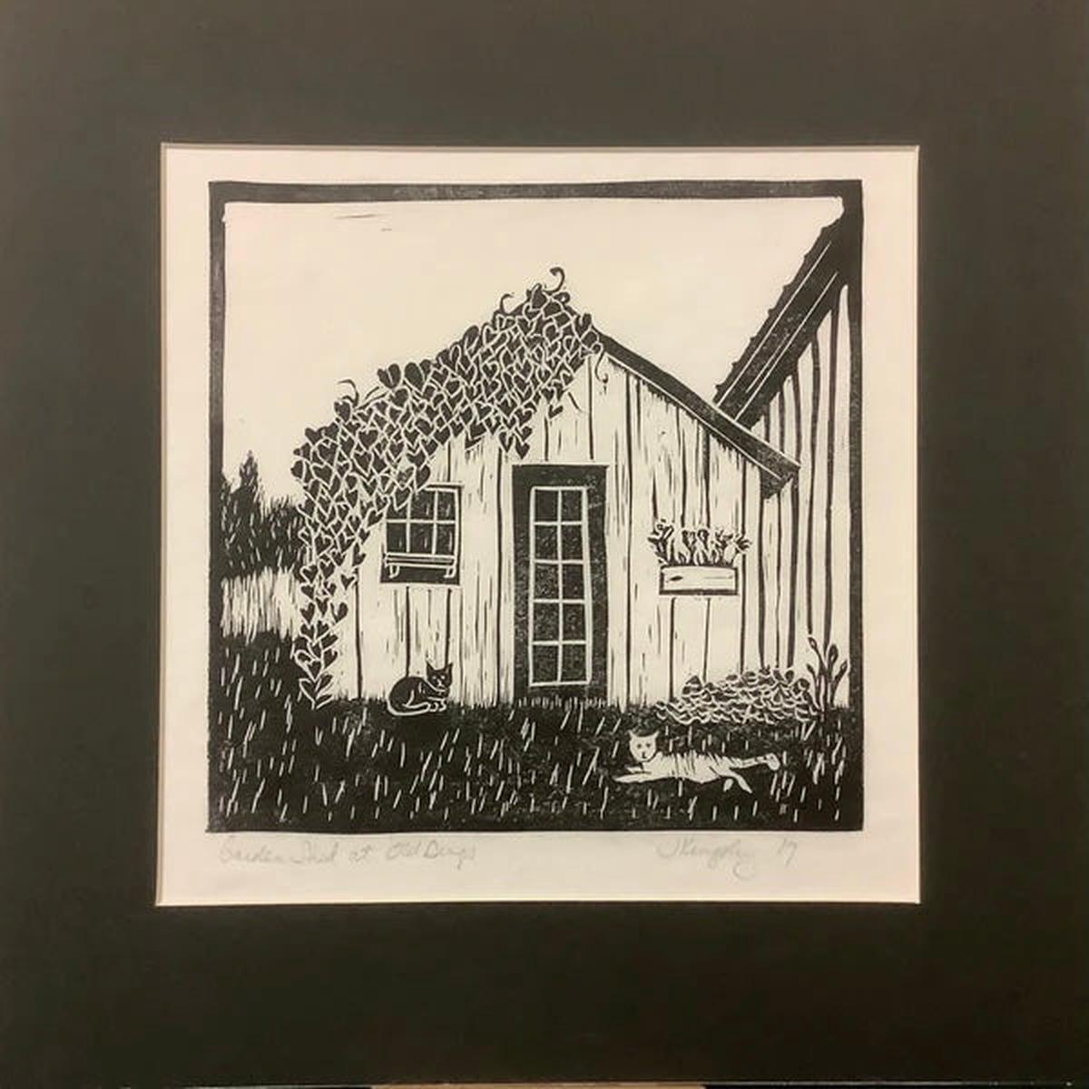Garden Shed Rubber Block Print with Black Mat