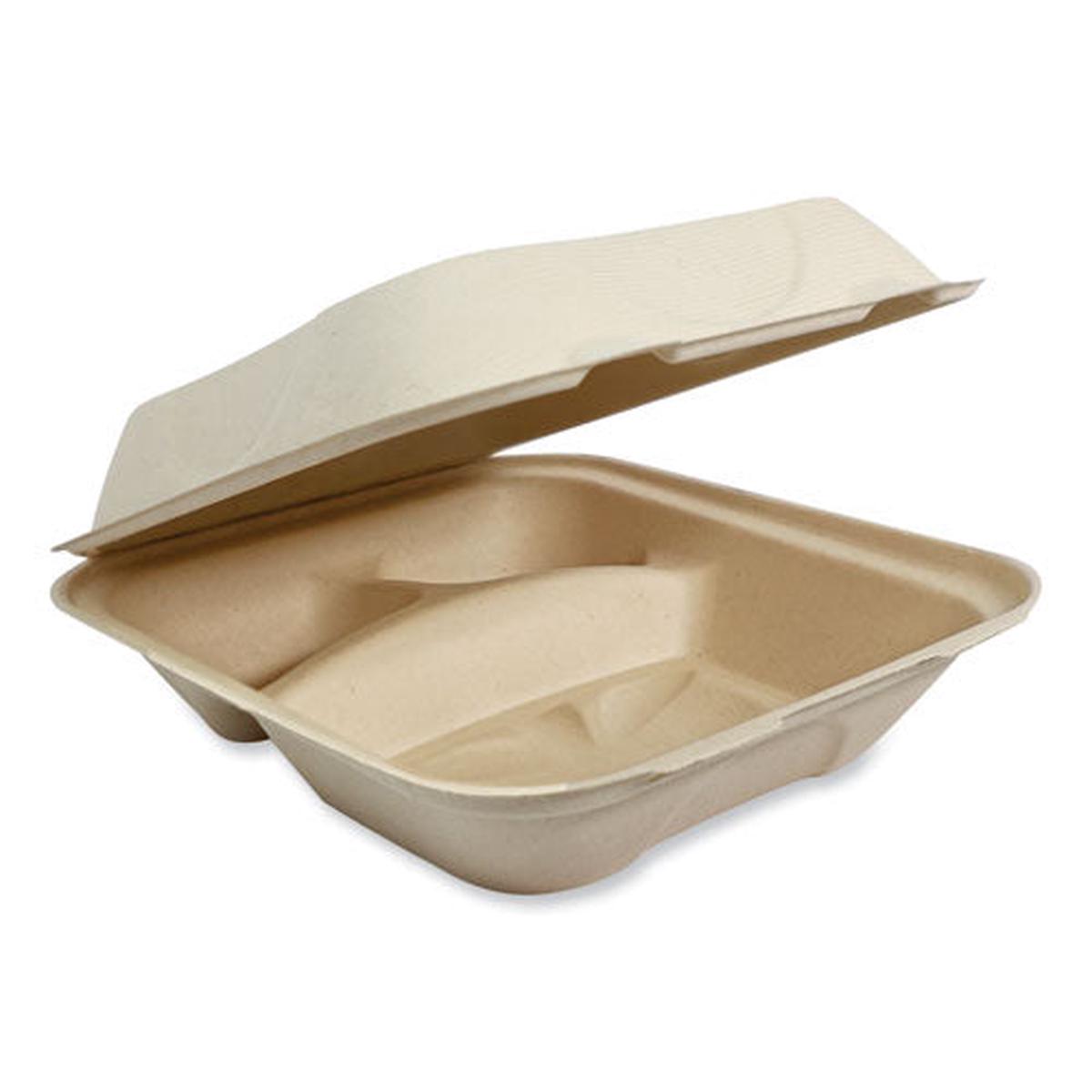 Fiber Hinged Containers, 2-compartment, 8.8 X 8.2 X 2.9, Natural, Paper, 300/carton