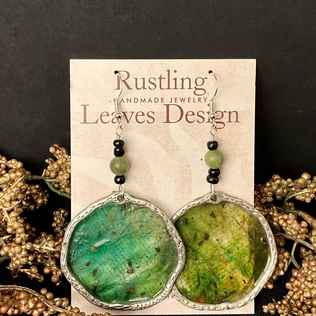 Asymmetrical Disc earrings in Greens with Wire Edging & Jade Beads