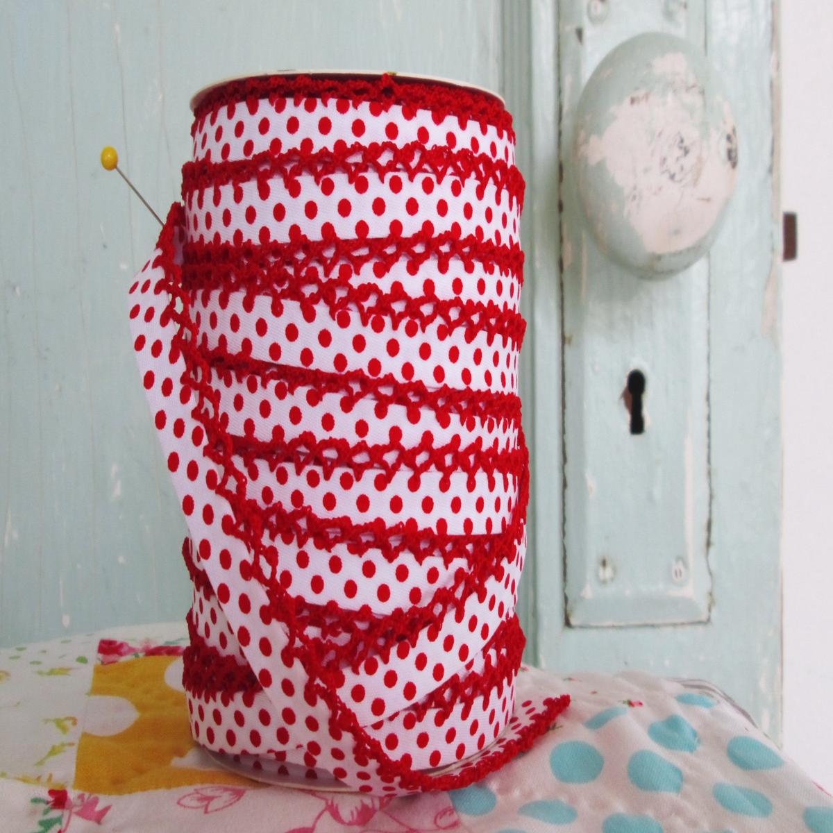 Double Fold Crochet Edge LACE BIAS TAPE - RED POLKA DOT (SOLD BY THE YARD)