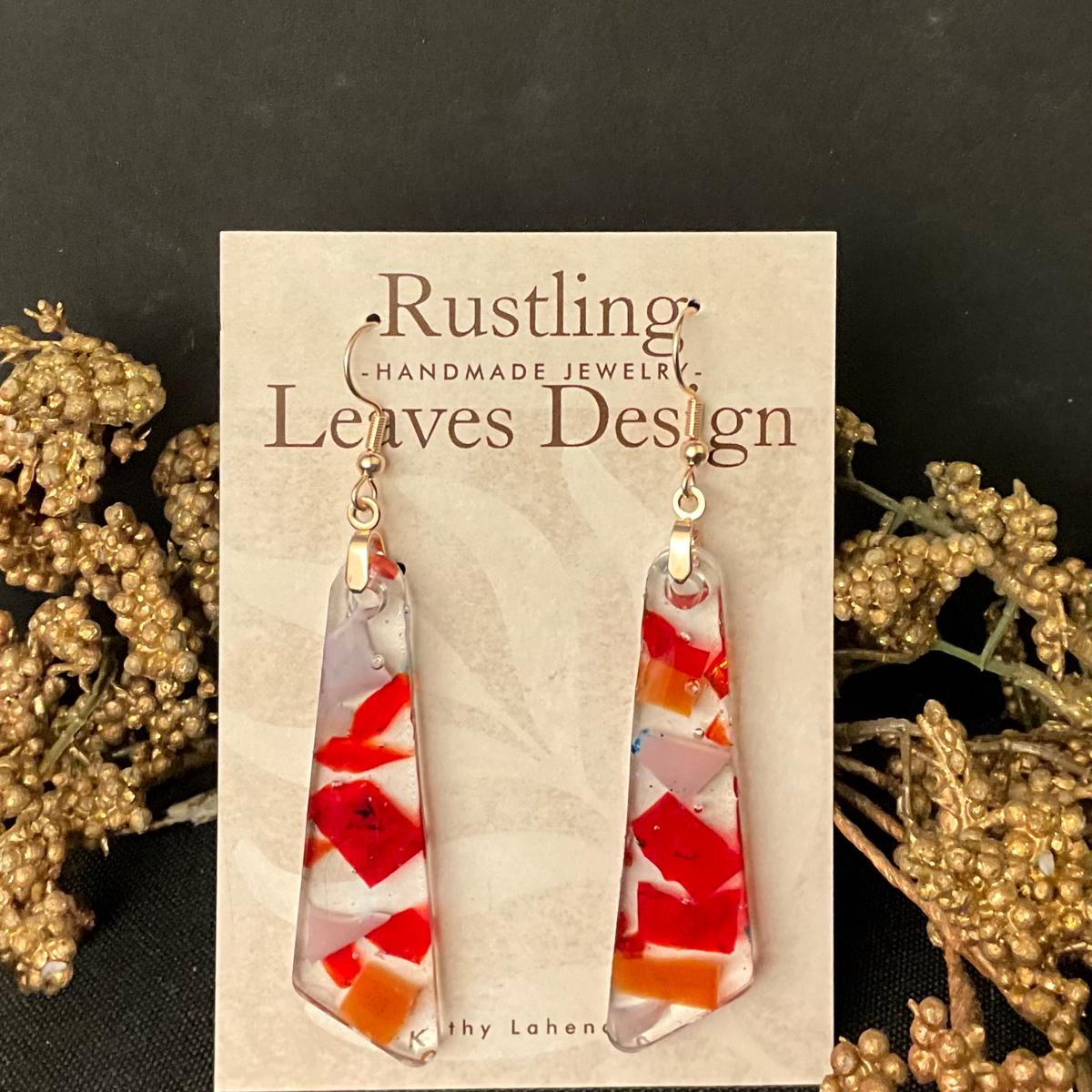 Large Trapezoid Earrings in Glass & Resin - Red & Orange ConfettI