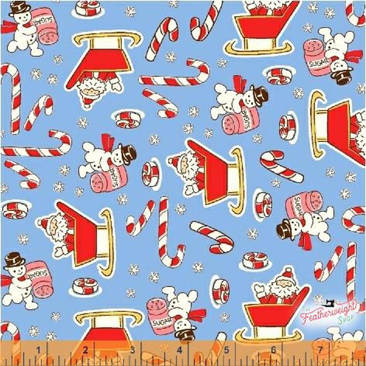 Fabric, Candy Cane Lane by Windham - CANDY CANE SNOWMAN SANTA SLEIGH BLUE (by the yard)